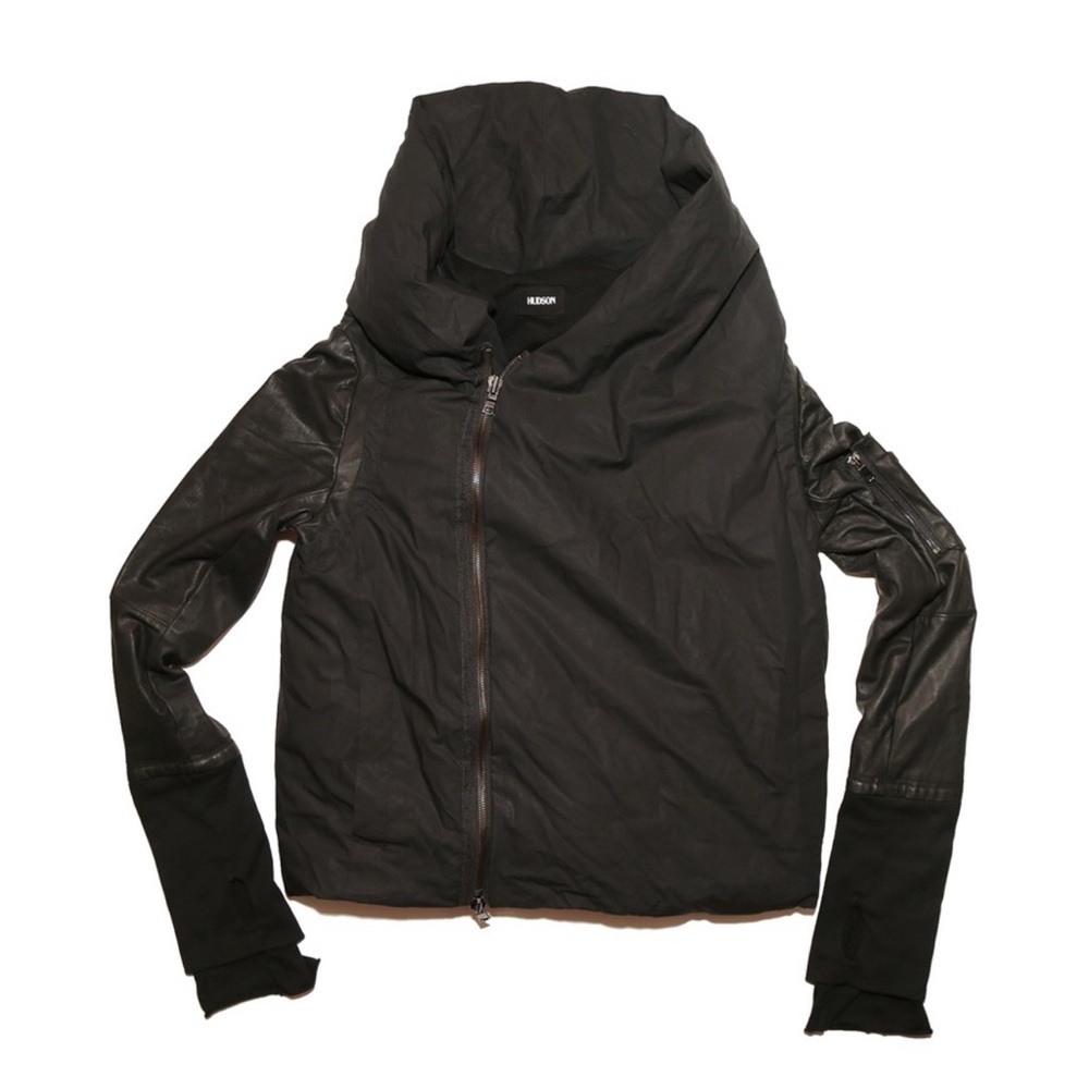 Hudson Women's Collection Black Puffer Jacket Cowl Neck Leather Sleeves Size 8